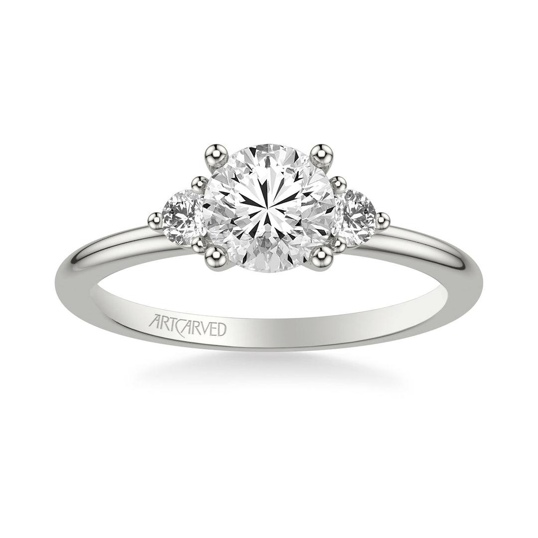 Classic Three-Stone Engagement Ring with Round Side Stone Diamonds.  Center Stone is not included.