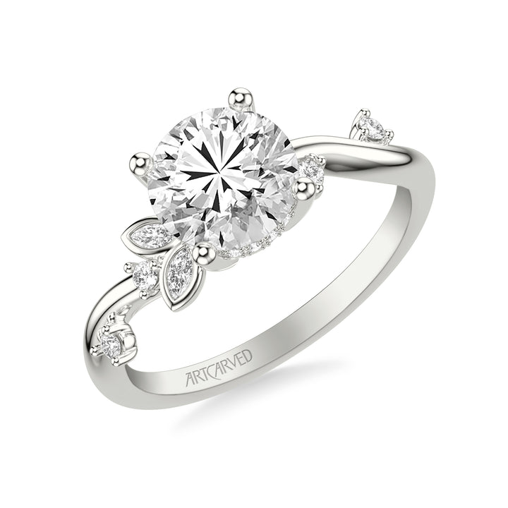 Floral Engagement Ring with Asymmetrical Marquise Diamond Petals and Round Floating Diamond Accent Shank