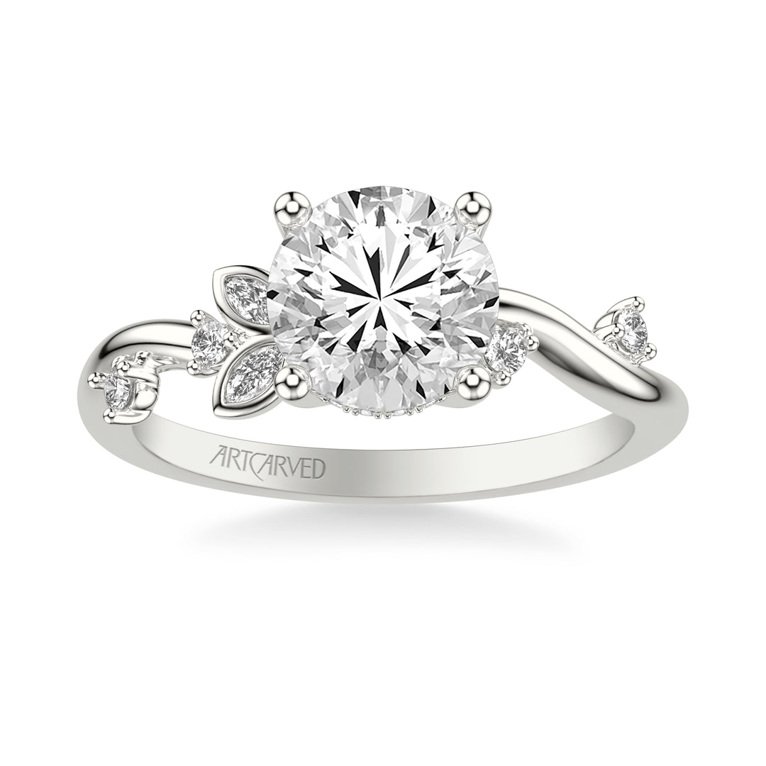 Floral Engagement Ring with Asymmetrical Marquise Diamond Petals and Round Floating Diamond Accent Shank