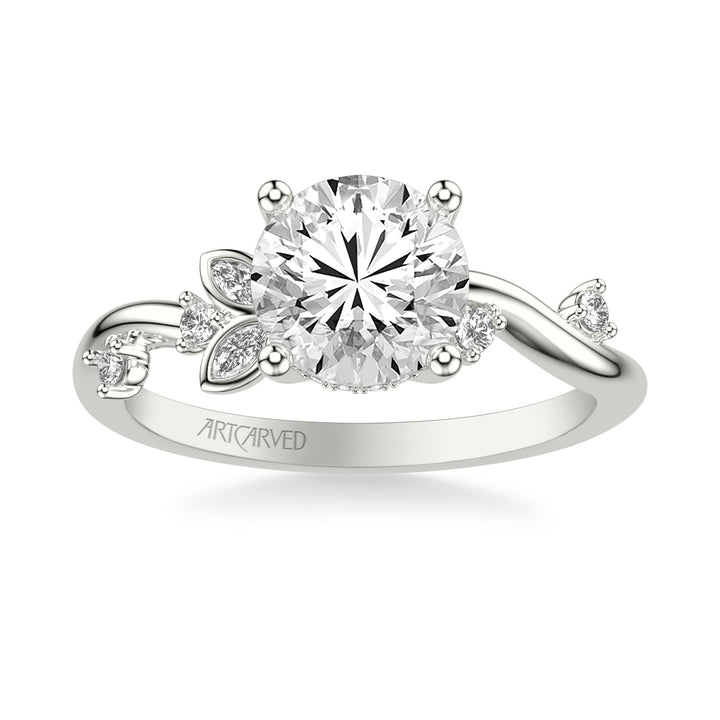 Floral Engagement Ring with Asymmetrical Marquise Diamond Petals and Round Floating Diamond Accent Shank