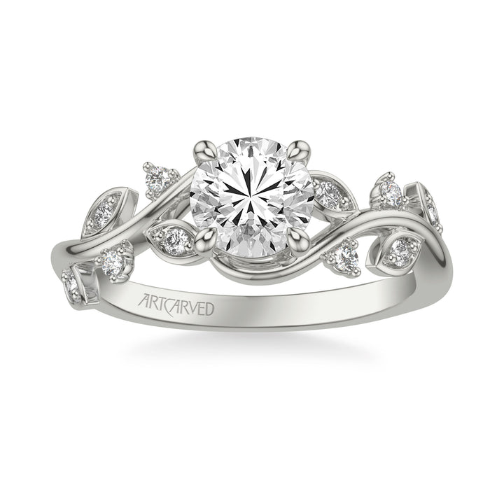 Floral Engagement Ring with Diamond Petal Accents and Floating Diamonds and Polished Shank