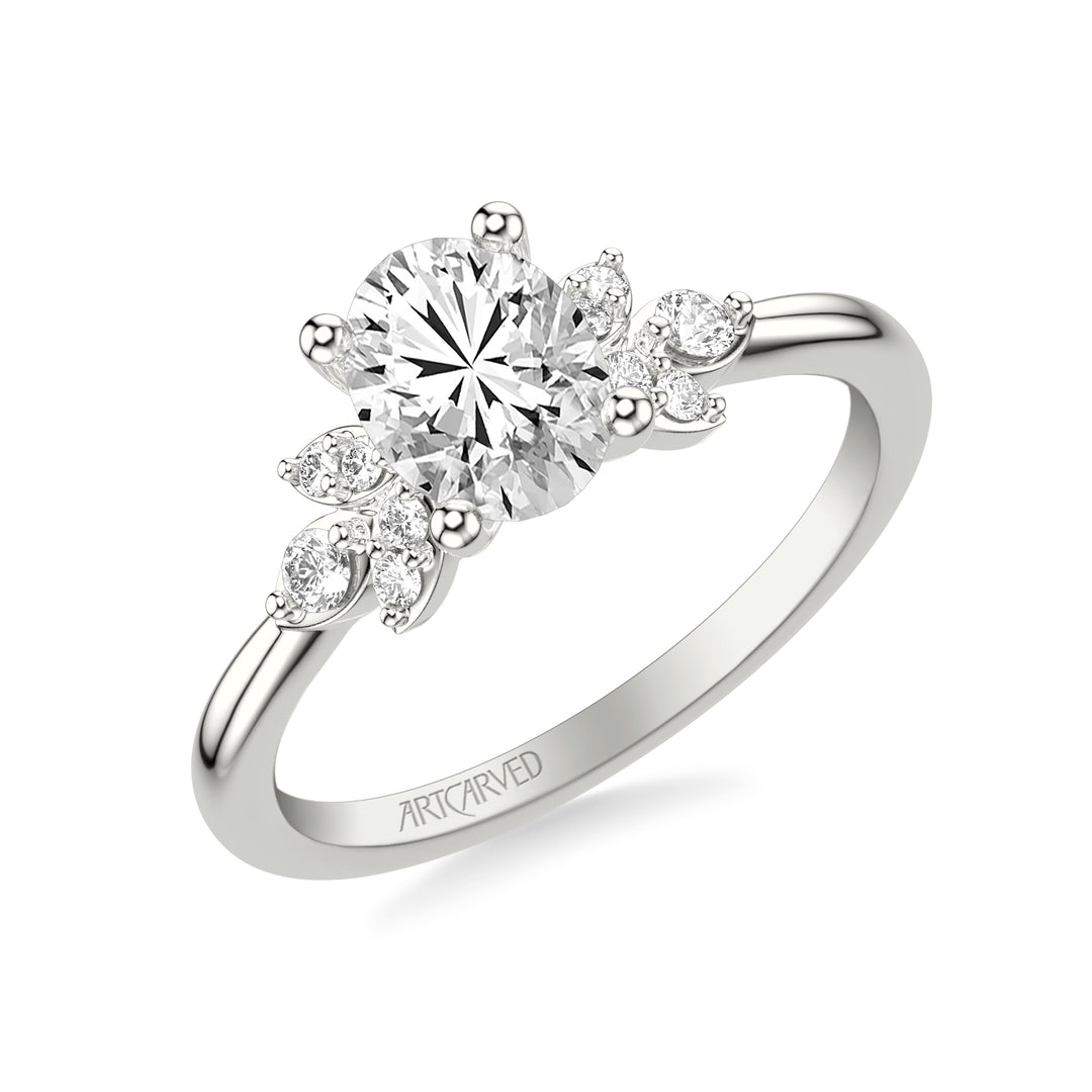 Floral Engagement Ring with Three Diamond Petals and Polished Shank