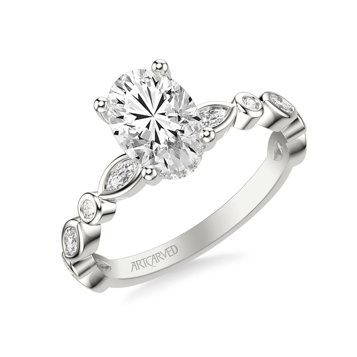Floral Engagement Ring with Hidden Diamond Halo and Alternating Bezel Set Marquise and Round Diamonds