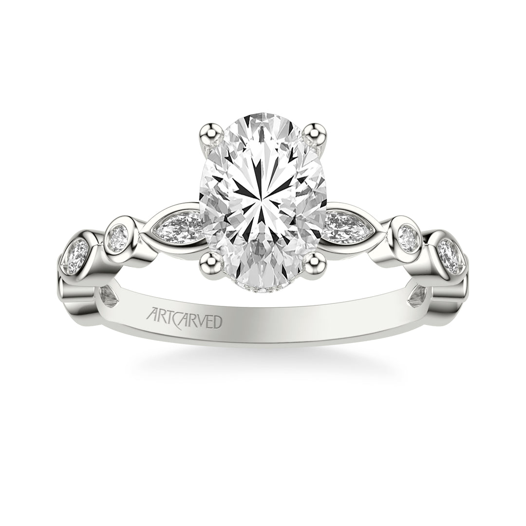 Floral Engagement Ring with Hidden Diamond Halo and Alternating Bezel Set Marquise and Round Diamonds