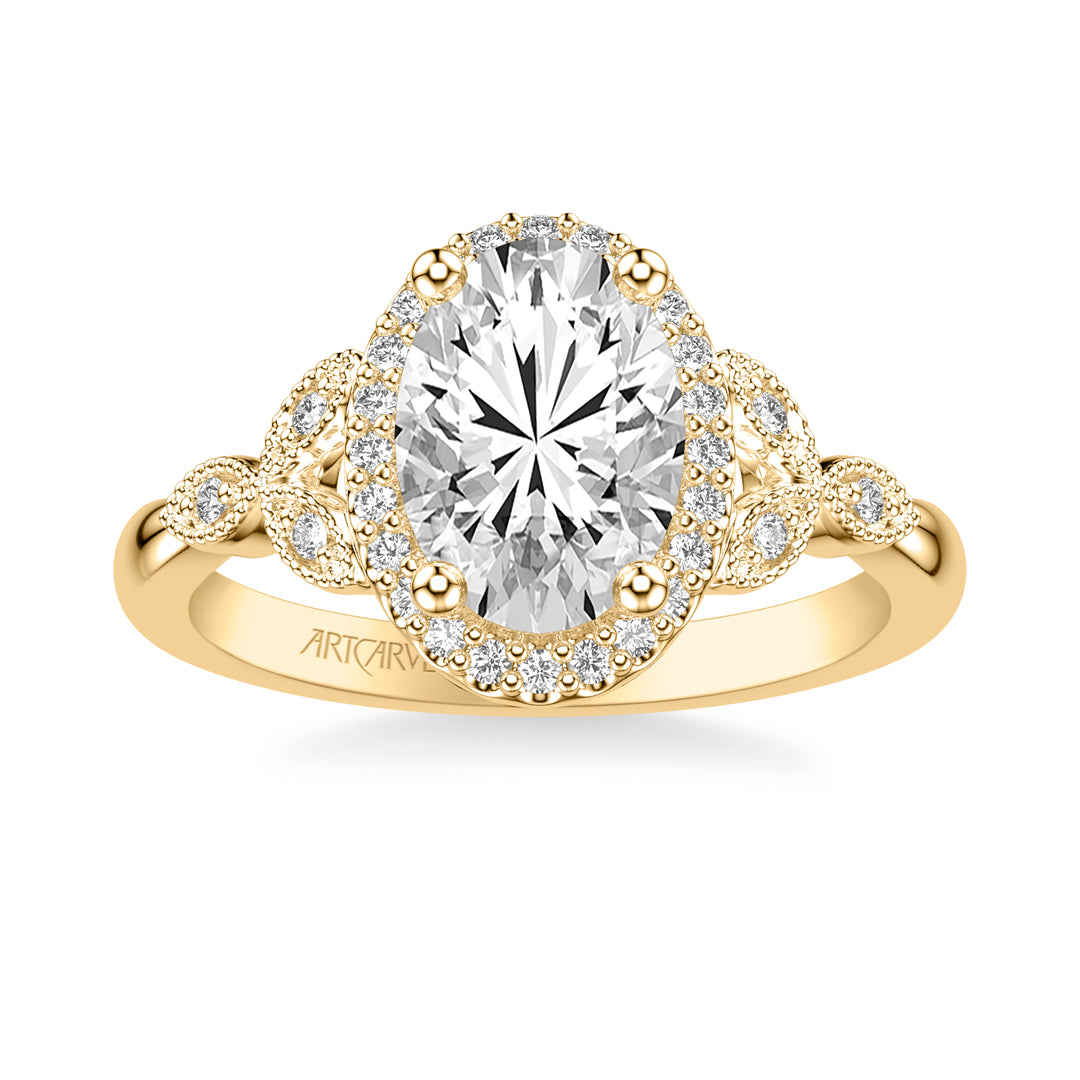 Floral Engagement Ring with Oval Diamond Halo and Milgrain Marquise Shape Diamond Petals