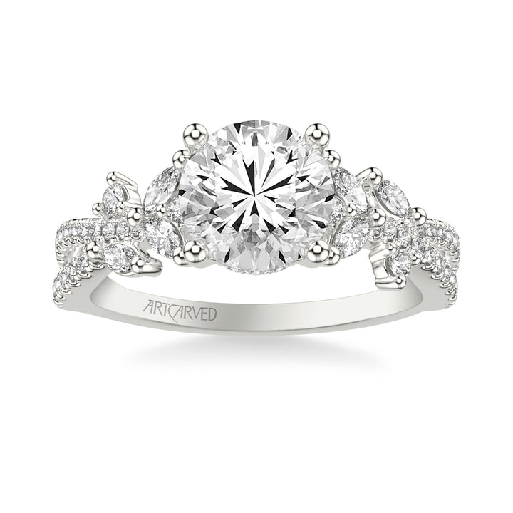Floral Twist Engagement Ring with Hidden Diamond Halo and Prong Set Marquise and Round Diamond Accents