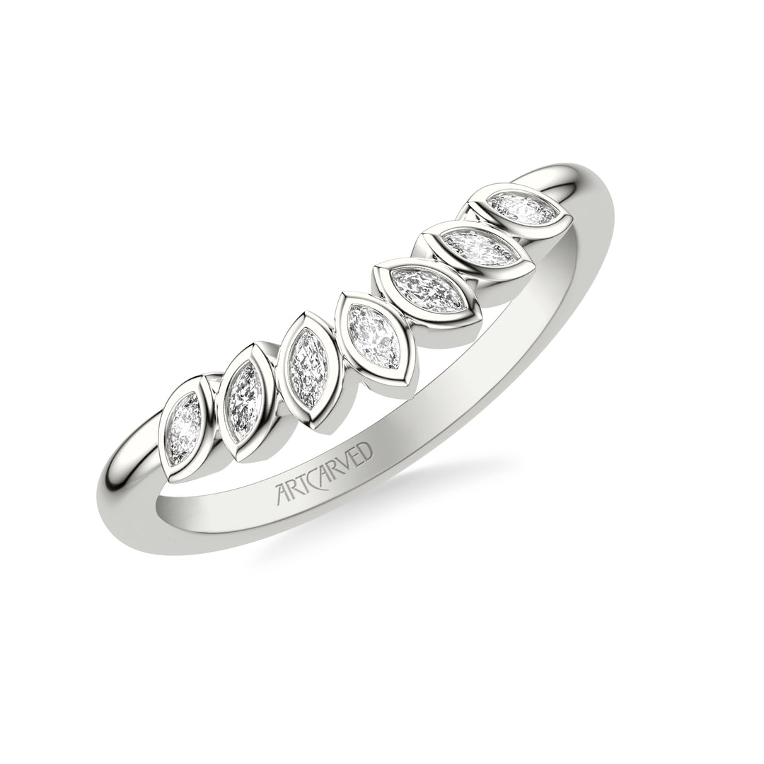 Floral Curved Wedding Band with Bezel Set Marquise Diamonds
