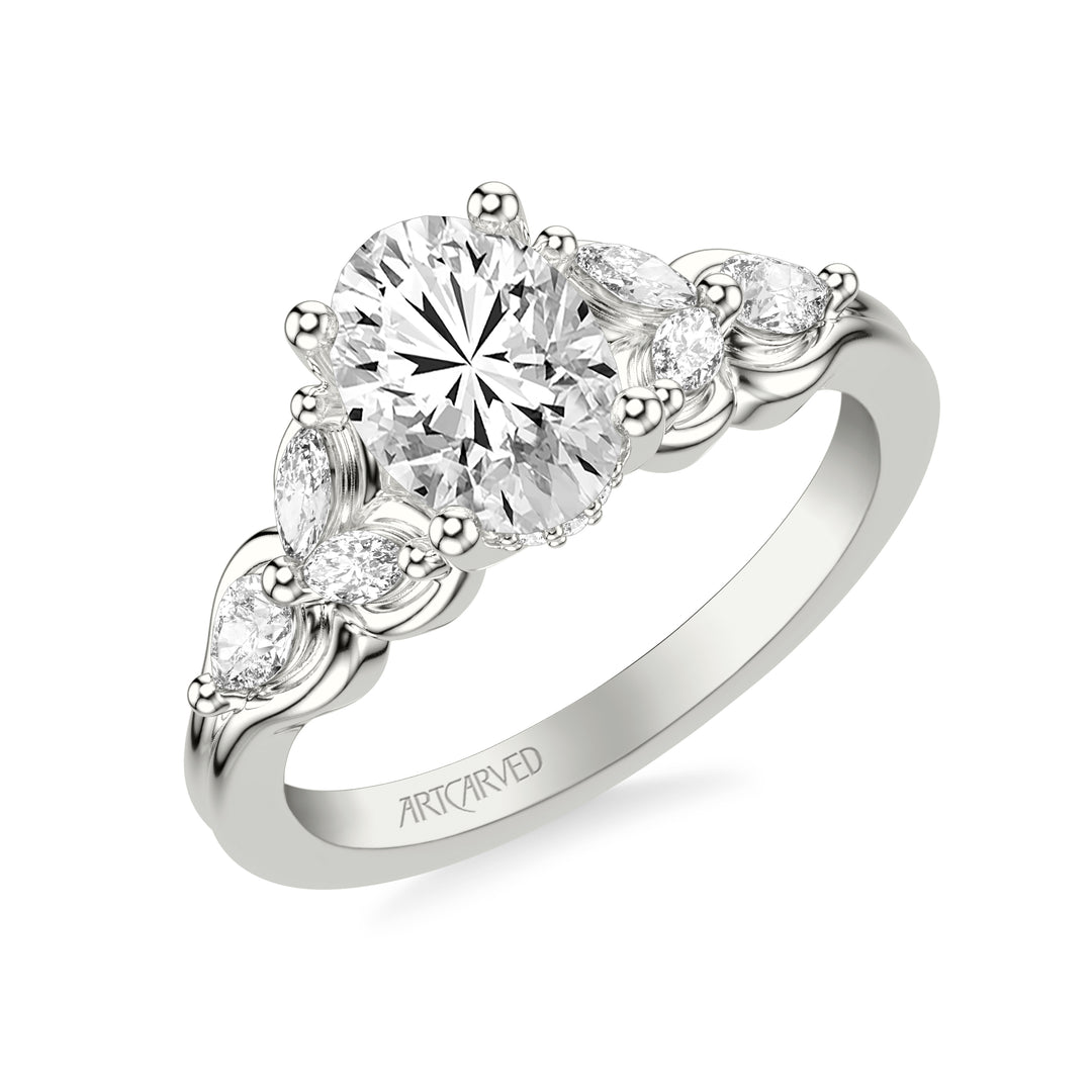Floral Engagement Ring with Bezel Set Marquise Diamond Petals and Pear Diamond Accents with Double Row Polished Shank