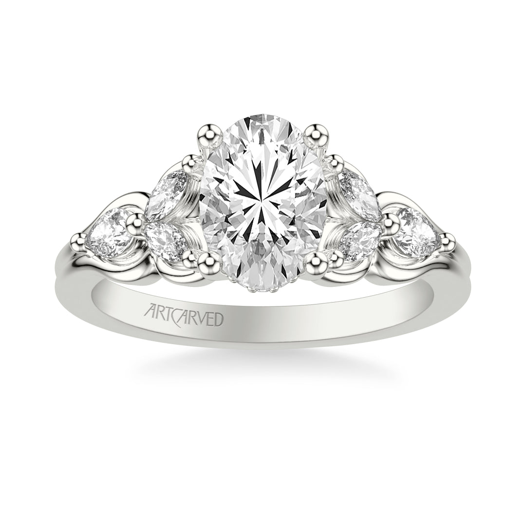 Floral Engagement Ring with Bezel Set Marquise Diamond Petals and Pear Diamond Accents with Double Row Polished Shank