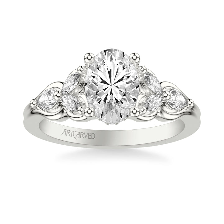 Floral Engagement Ring with Bezel Set Marquise Diamond Petals and Pear Diamond Accents with Double Row Polished Shank
