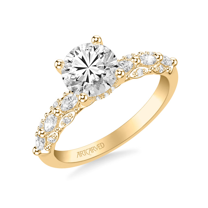 Classic Engagement Ring with Triple Row Prong Set Round and Marquise Diamond Shank