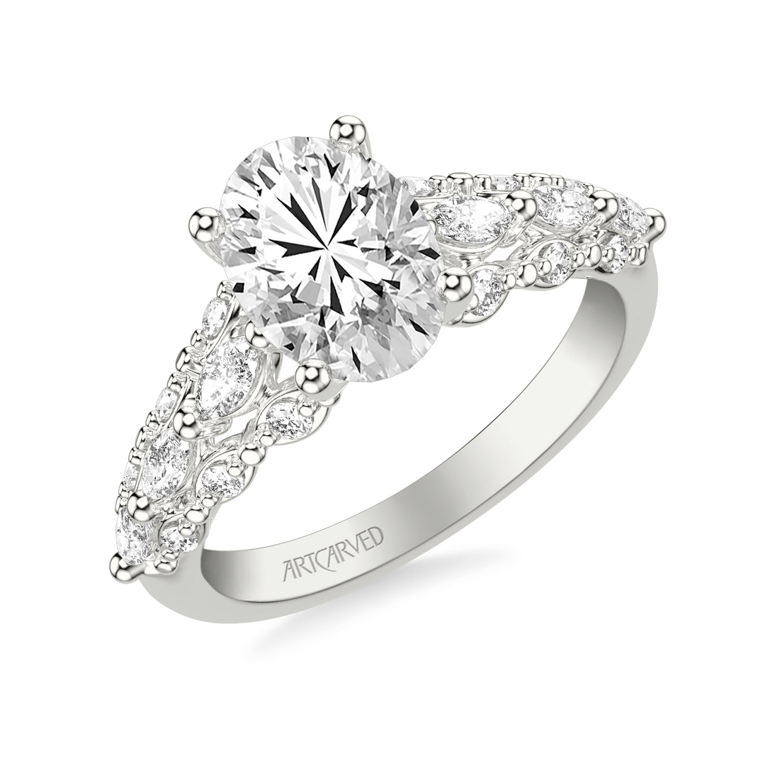 Classic Engagement Ring with Cathedral Shank and Graduated Triple Row Prong Set Round and Marquise Diamond Shank