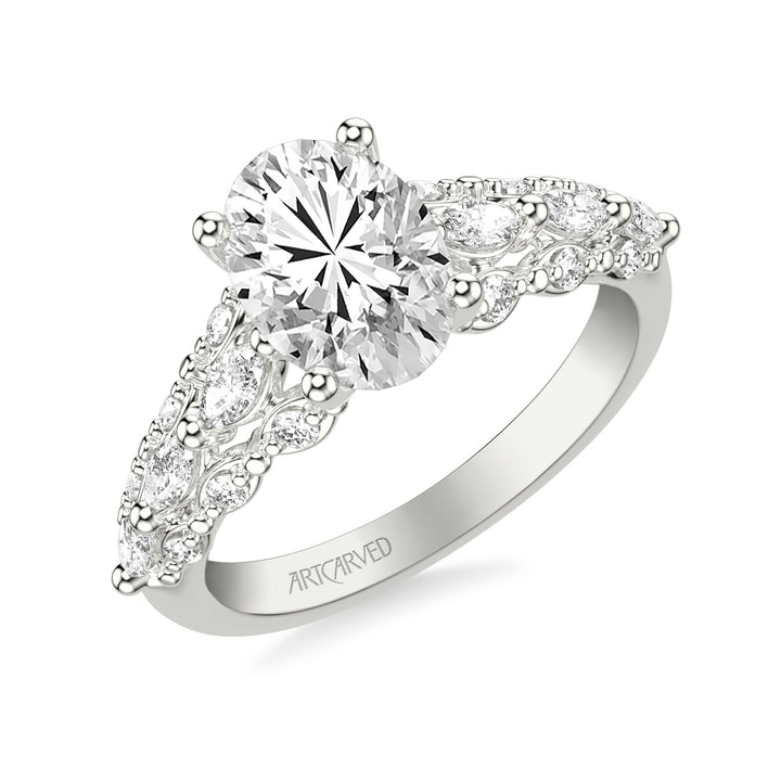 Classic Engagement Ring with Cathedral Shank and Graduated Triple Row Prong Set Round and Marquise Diamond Shank