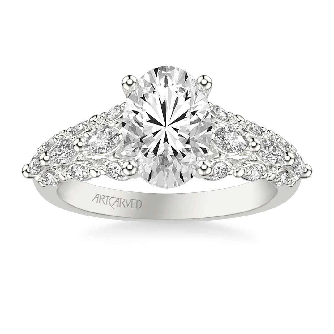 Classic Engagement Ring with Cathedral Shank and Graduated Triple Row Prong Set Round and Marquise Diamond Shank