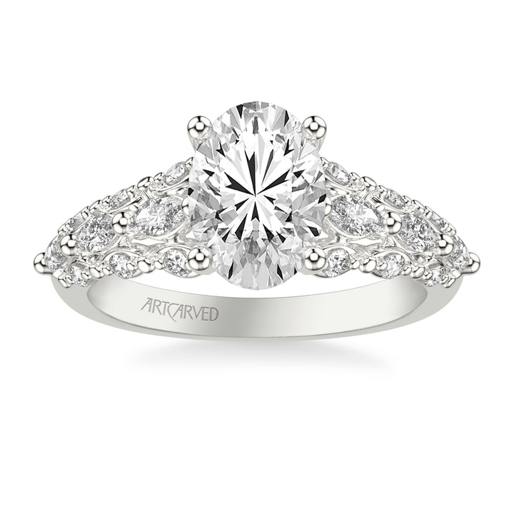 Classic Engagement Ring with Cathedral Shank and Graduated Triple Row Prong Set Round and Marquise Diamond Shank