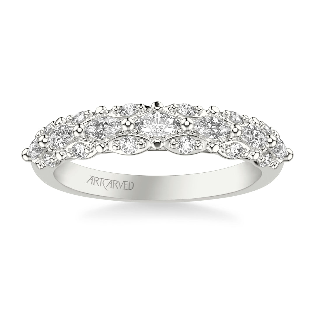Classic Wedding Band with Triple Row Prong Set Round and Marquise Diamonds