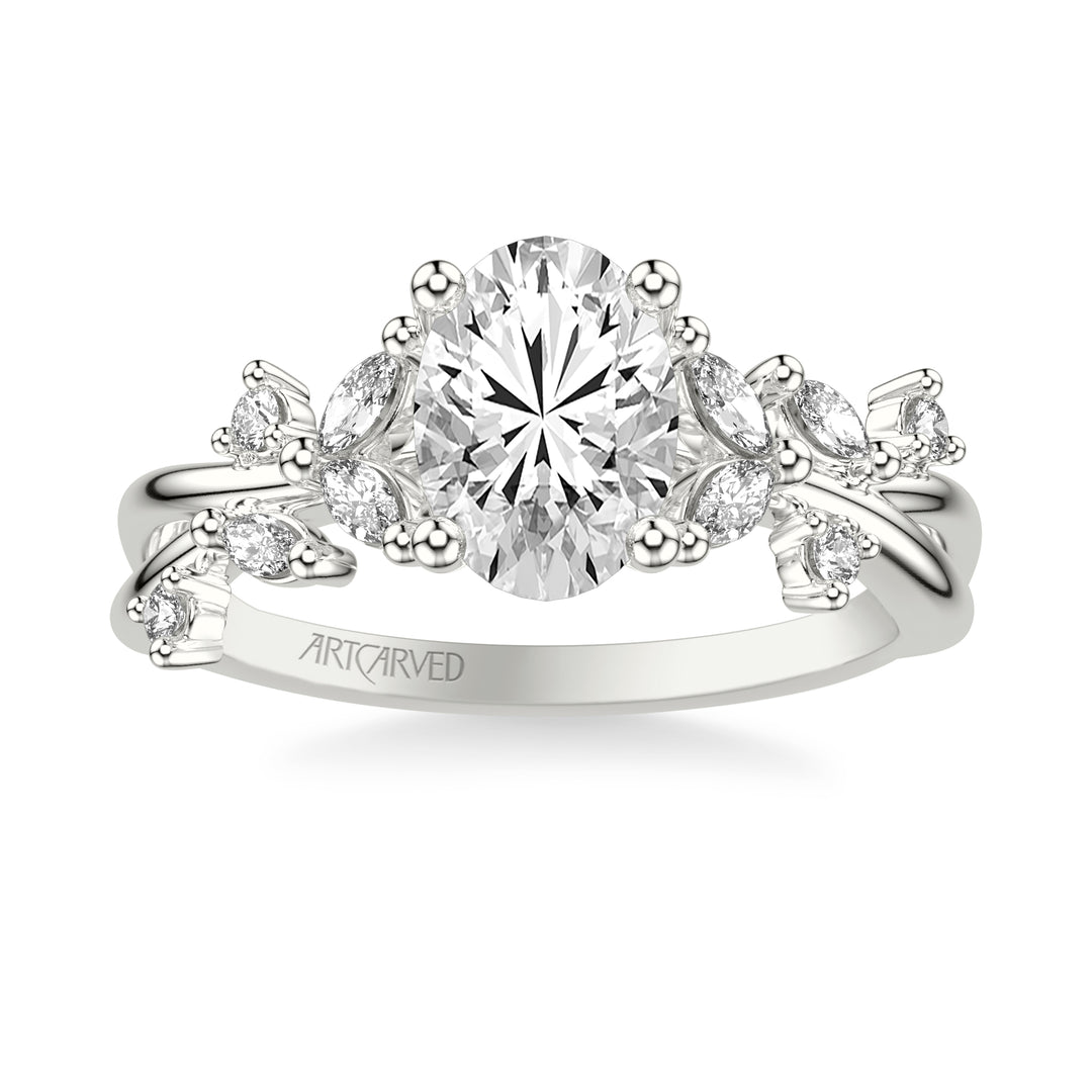 Floral Engagement Ring with Prong Set Marquise and Round Diamond Accents and Twisted Polished Shank