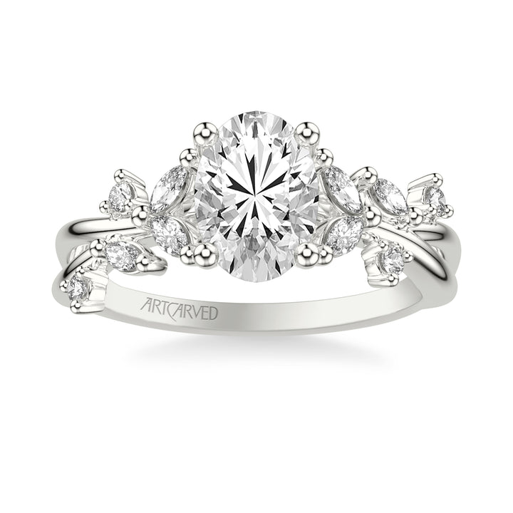 Floral Engagement Ring with Prong Set Marquise and Round Diamond Accents and Twisted Polished Shank