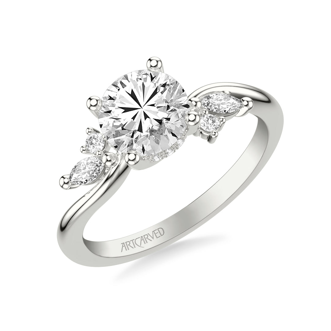 Floral Engagement Ring with Prong Set Marquise and Round Diamond Accents and Bypass Polished Shank