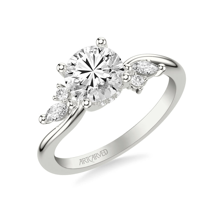 Floral Engagement Ring with Prong Set Marquise and Round Diamond Accents and Bypass Polished Shank