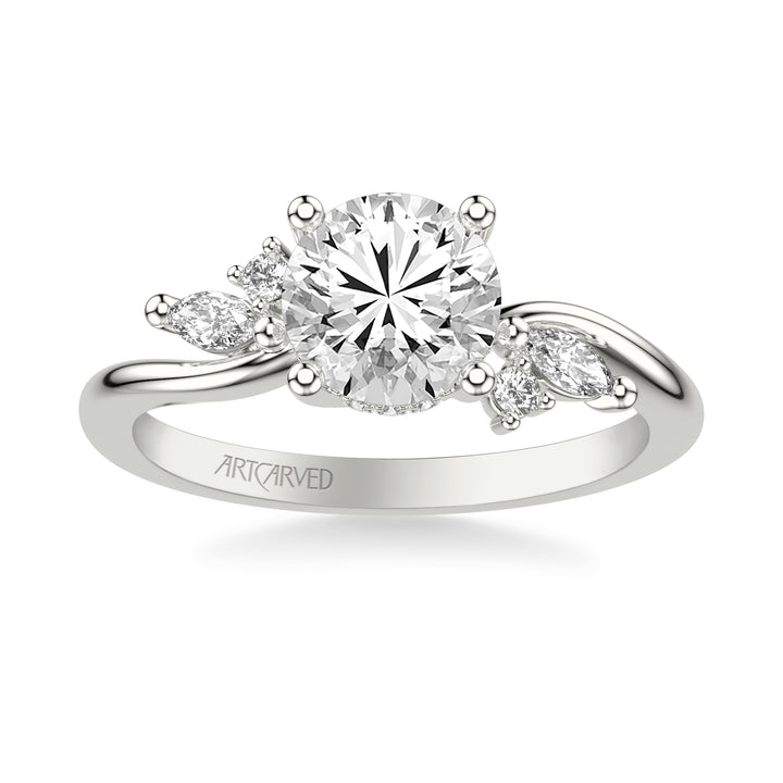 Floral Engagement Ring with Prong Set Marquise and Round Diamond Accents and Bypass Polished Shank