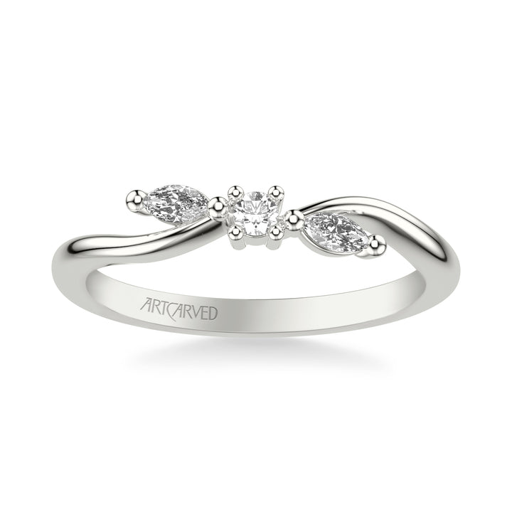 Floral Wedding Band with Prong Set Marquise and Round Diamond Accents and Organic Polished Band