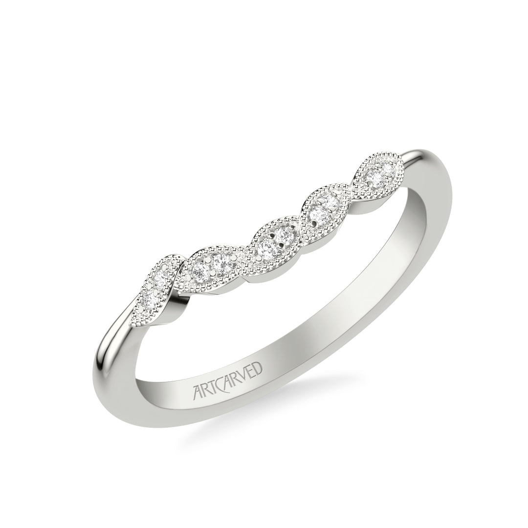 Floral Curved Wedding Band with Diamond and Milgrain Petal Accents