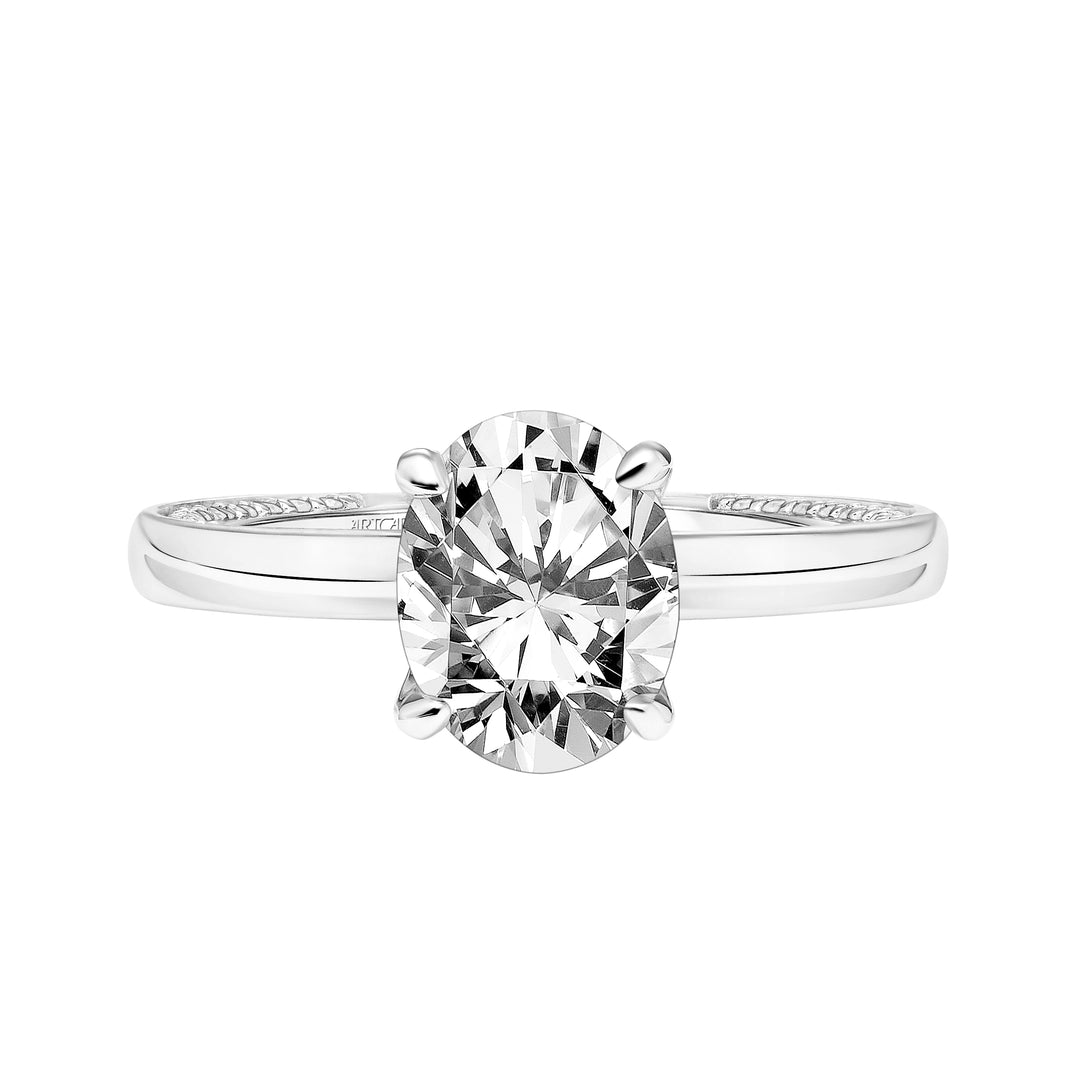 Diamond Engagement Ring with High Polished Shank with Diamond Accented Prongs & Row of Interior Diamonds