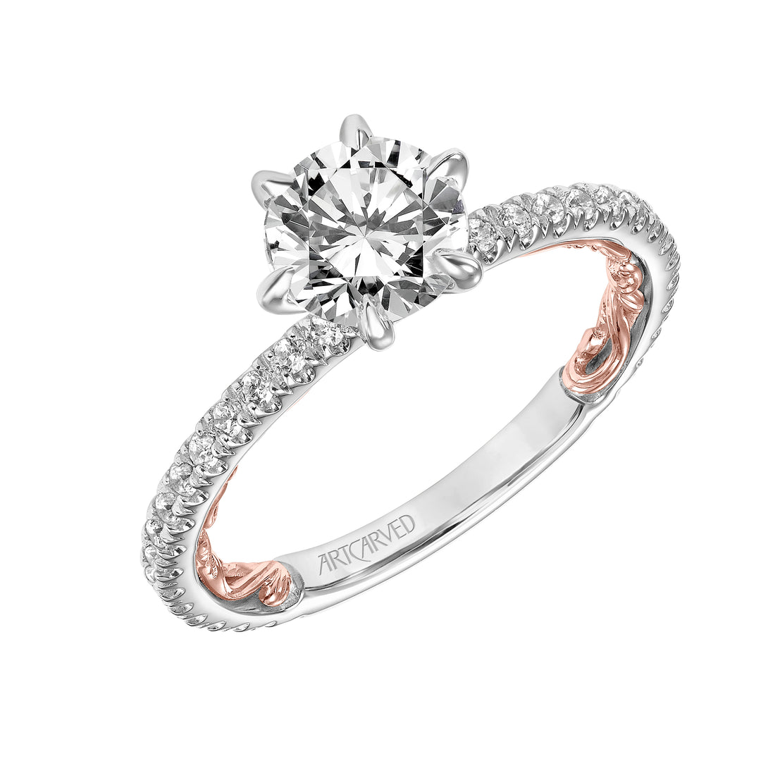 Lyric Engagement Ring with Six Prong Setting and Inner Carved details and Diamond Shank