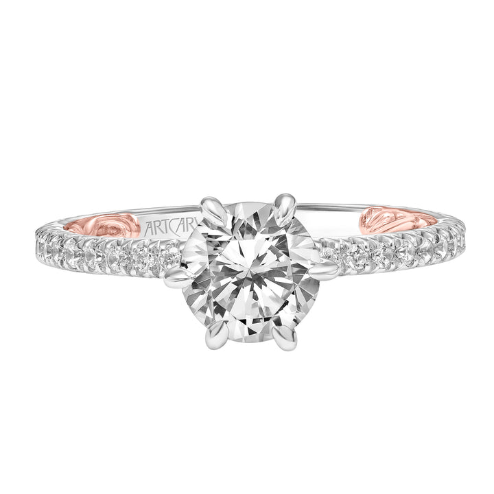 Lyric Engagement Ring with Six Prong Setting and Inner Carved details and Diamond Shank