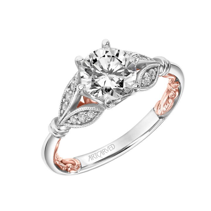 Lyric Engagement Ring with Six Prong Setting and Inner Carved details and Milgrian Petal Accents with Polished Shank