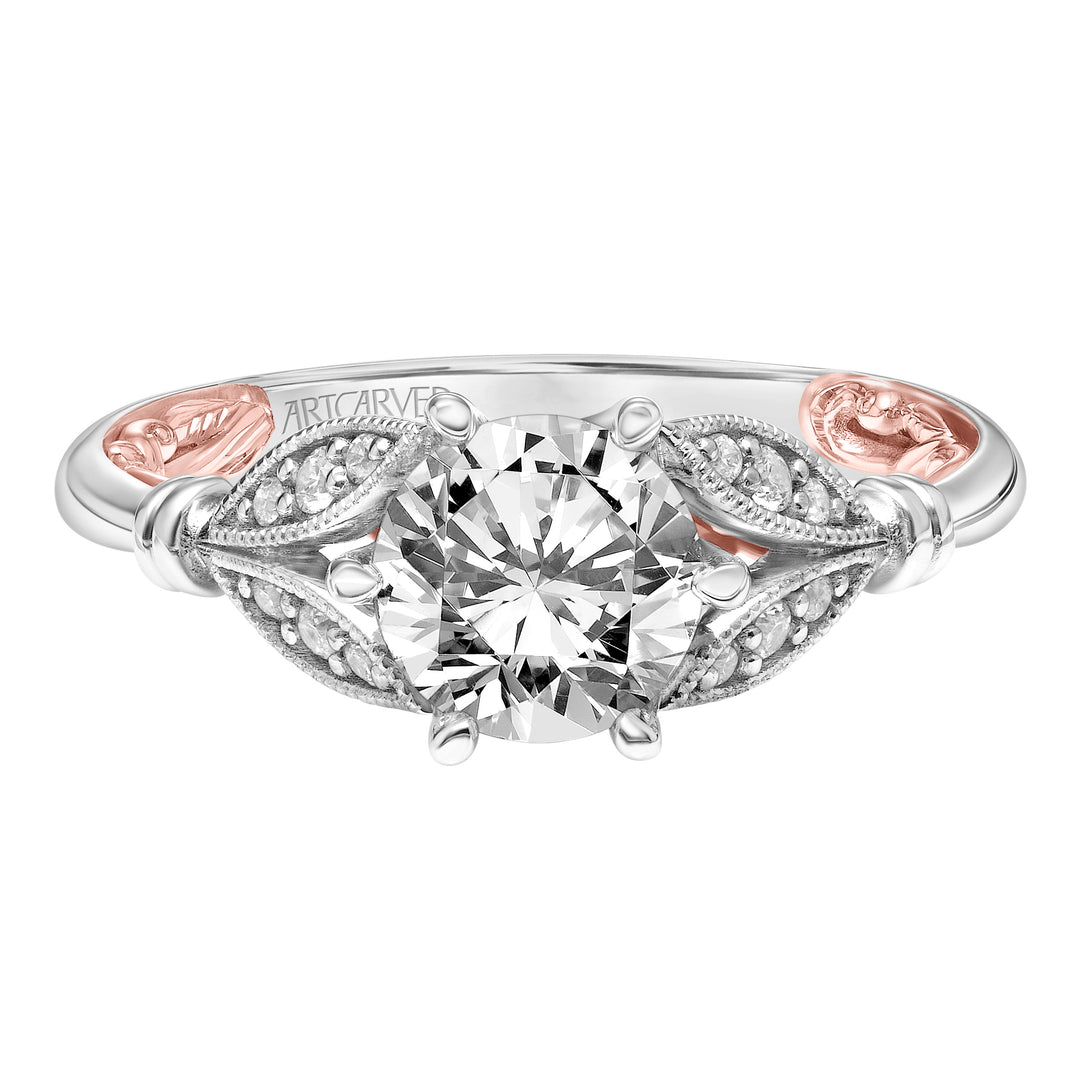 Lyric Engagement Ring with Six Prong Setting and Inner Carved details and Milgrian Petal Accents with Polished Shank