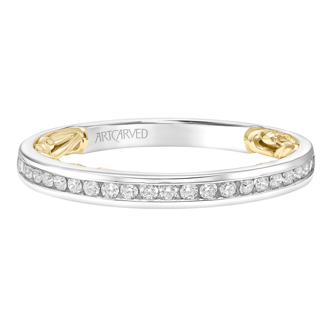 Lyric Channel Set Diamond Wedding Band with Inner Carved details