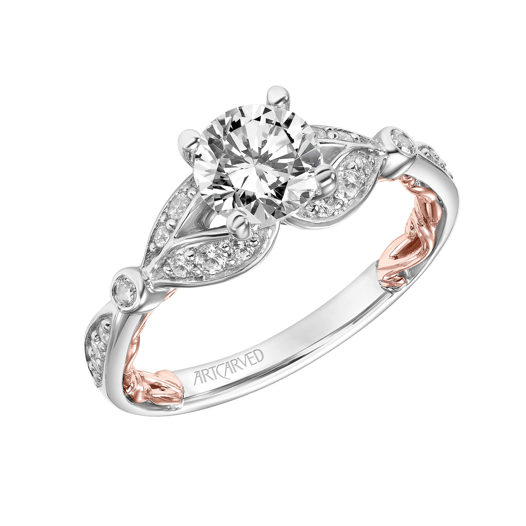 Lyric Engagement Ring with Inner Carved details and Milgrain Petal Accents and Diamond Shank
