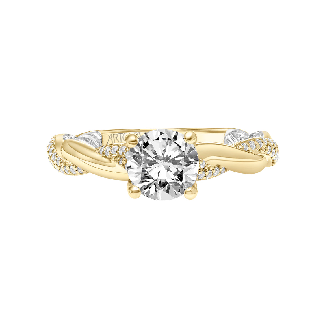 Lyric Engagement Ring with Diamond Accent basket and Inner Carved details with Alternating Diamond and Polish Twist Shank