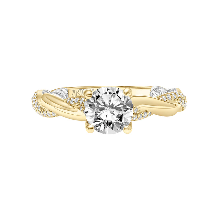 Lyric Engagement Ring with Diamond Accent basket and Inner Carved details with Alternating Diamond and Polish Twist Shank