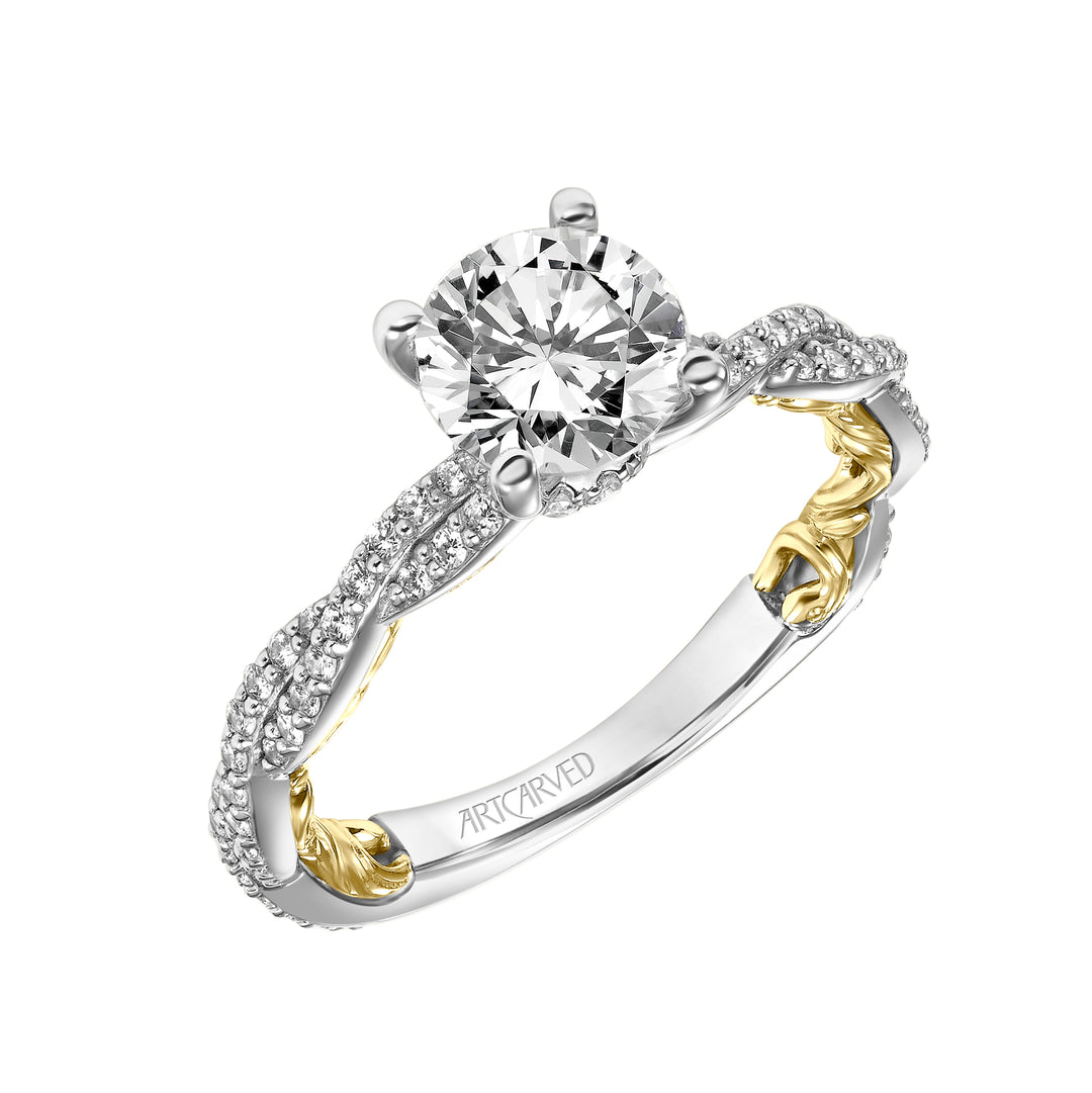 Lyric Engagement Ring with Diamond Collar and Inner Carved details and Twist Diamond Shank