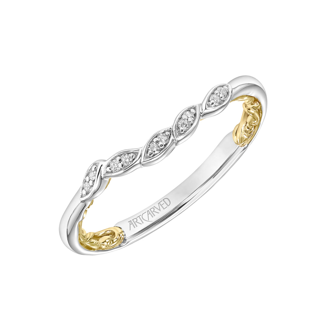 Lyric Curved Wedding Band with Diamond and Milgrain Petal Accents
