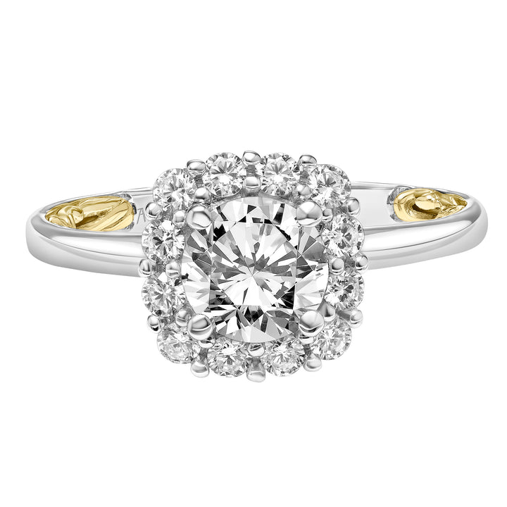 Lyric Engagement Ring with Cushion Diamond Halo and Accented Diamond Gallery with Polished Shank