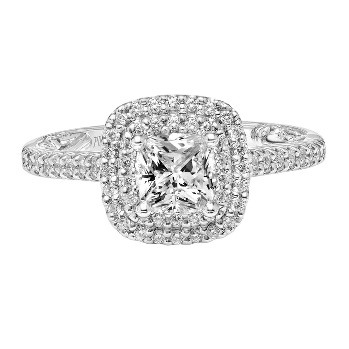 Lyric Engagement Ring with Cushion Double Diamond Halo and Accented Diamond Gallery with Diamond Shank