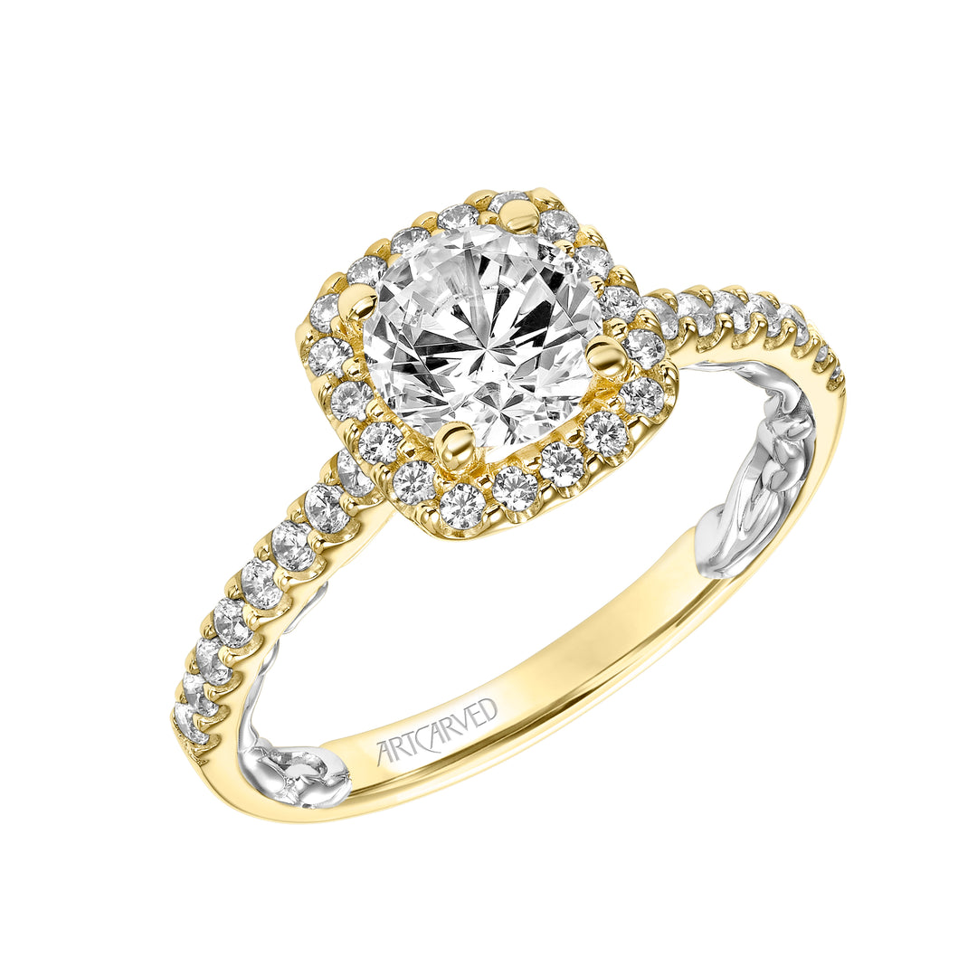 Lyric Engagement Ring with Cushion Diamond Halo and Accented Diamond Gallery with Diamond Shank