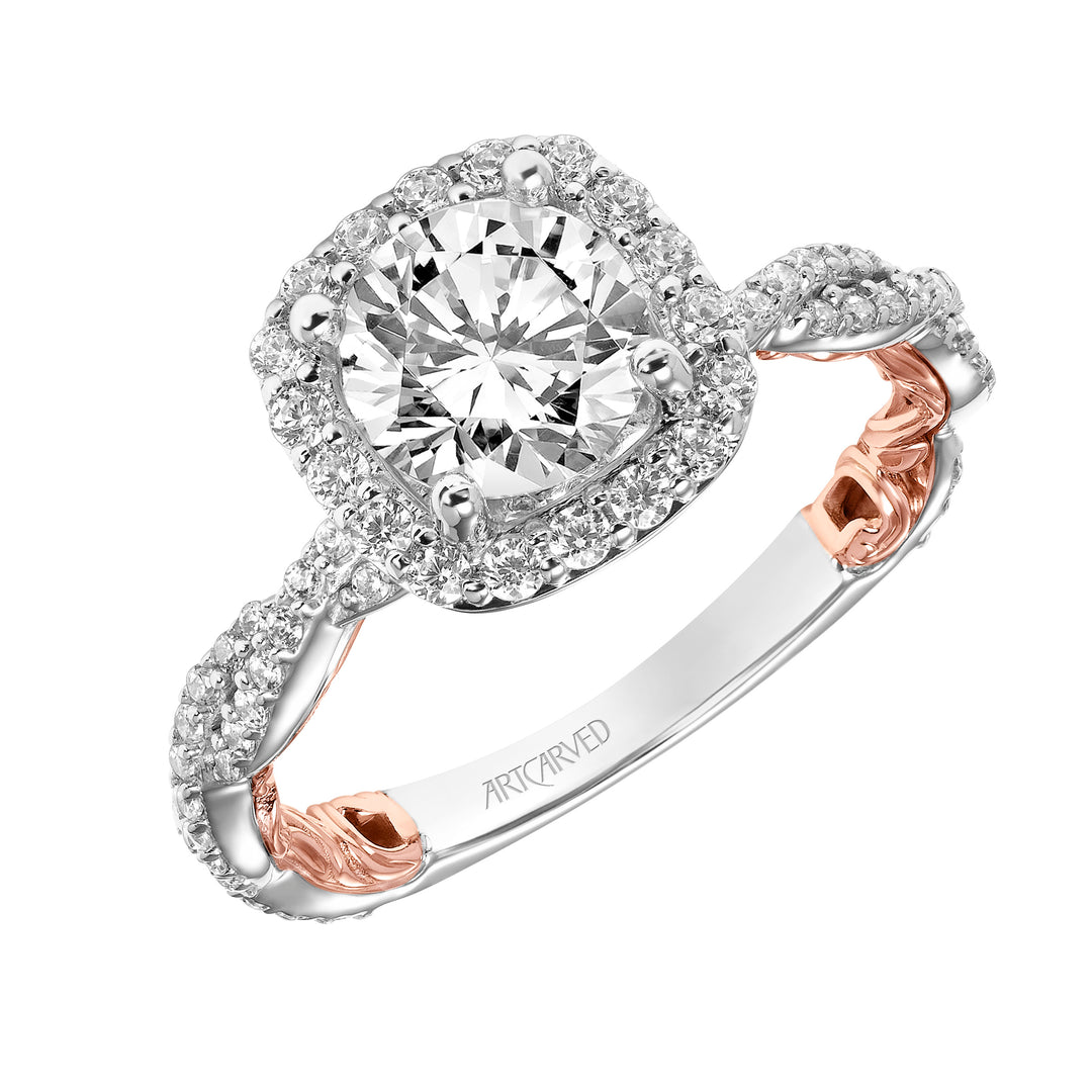 Lyric Engagement Ring with Cushion Diamond Halo and Accented Diamond Gallery with Inner Carved details and Diamond Shank