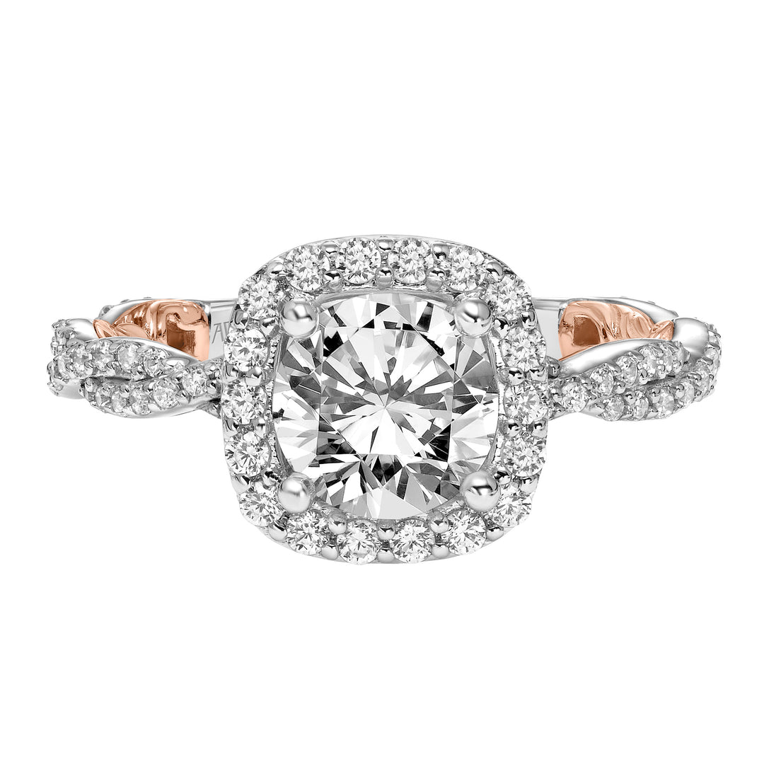 Lyric Engagement Ring with Cushion Diamond Halo and Accented Diamond Gallery with Inner Carved details and Diamond Shank