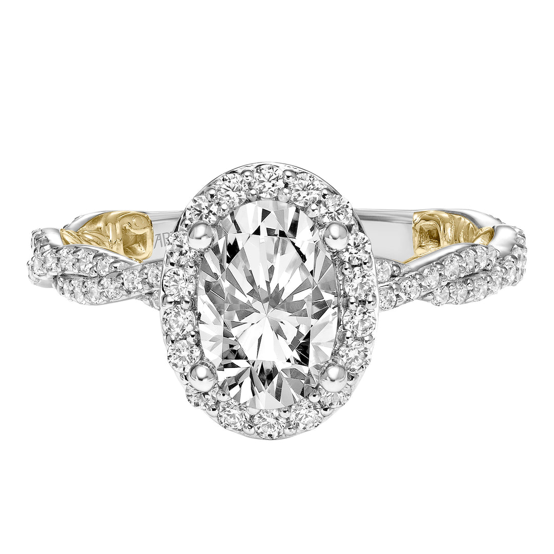Lyric Engagement Ring with Oval Diamond Halo and Accented Diamond Gallery with Inner Carved details and Diamond Shank